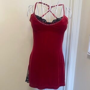 Velvet Red Lace-Trim Chemise with Crisscross Straps